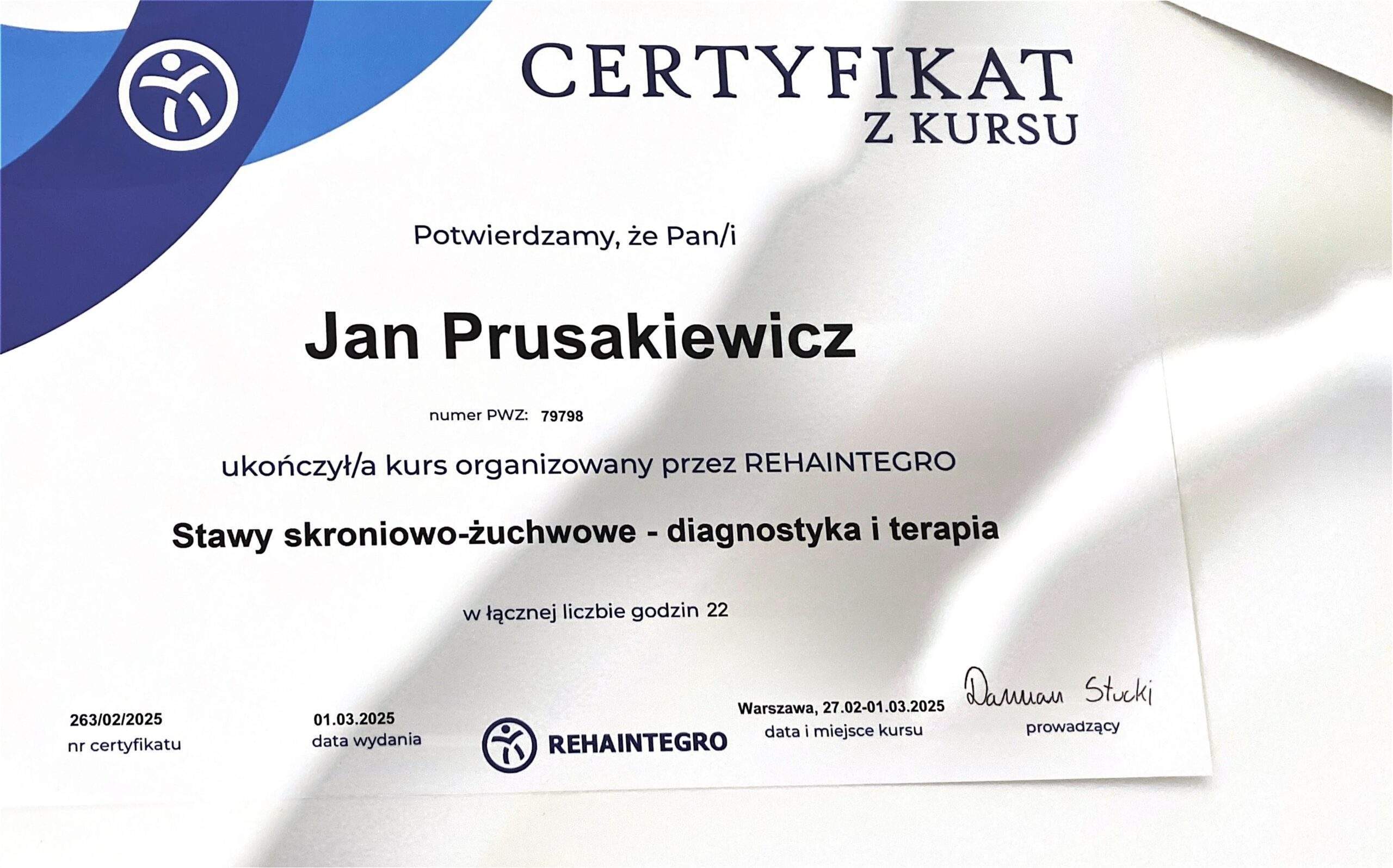 Jan Prusakiewicz — certyfikat 16