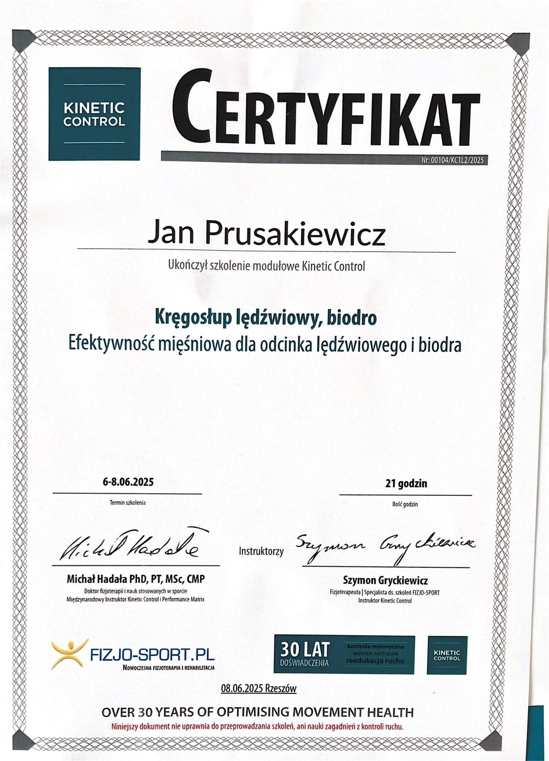 Jan Prusakiewicz — certyfikat 18