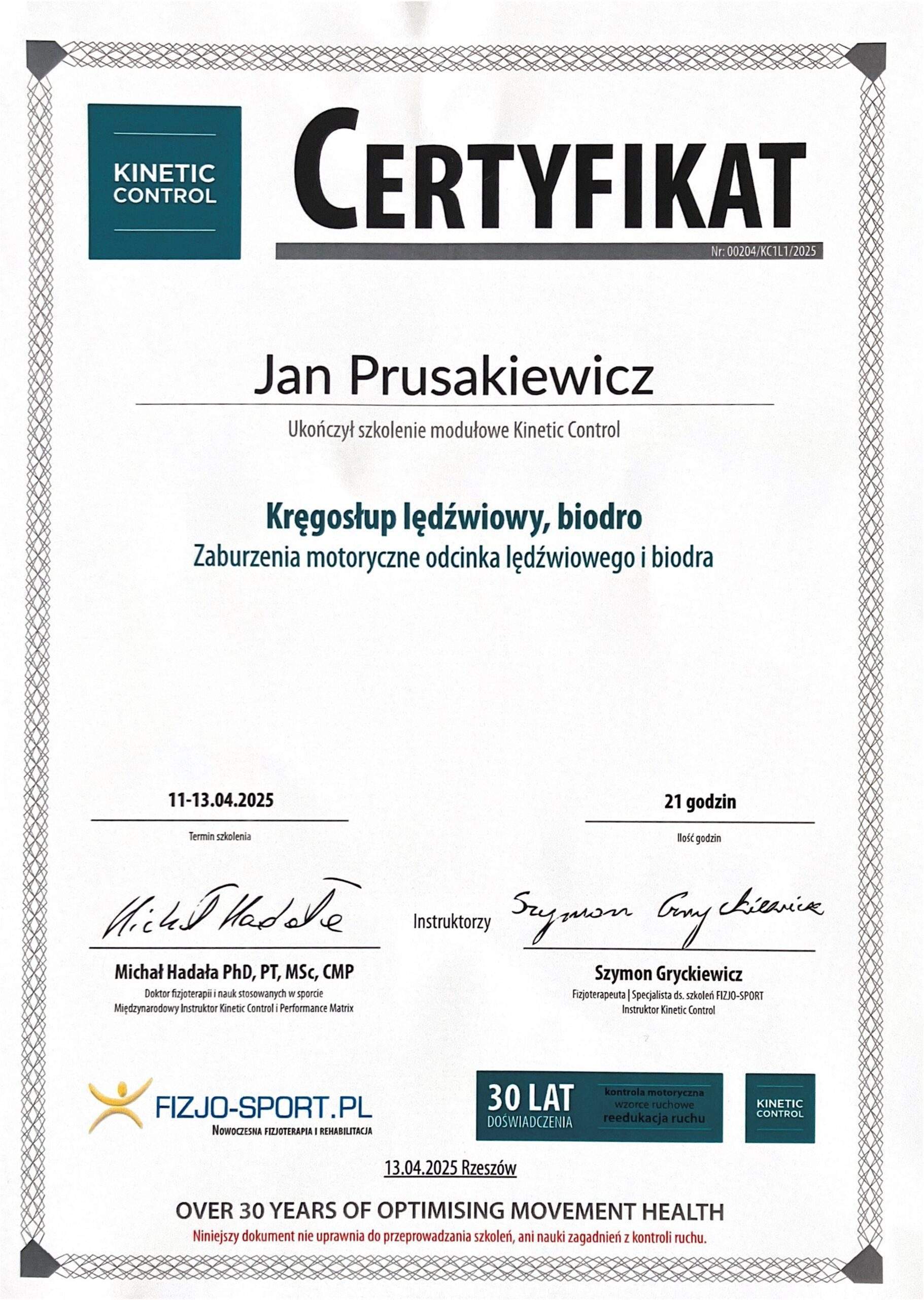 Jan Prusakiewicz — certyfikat 19