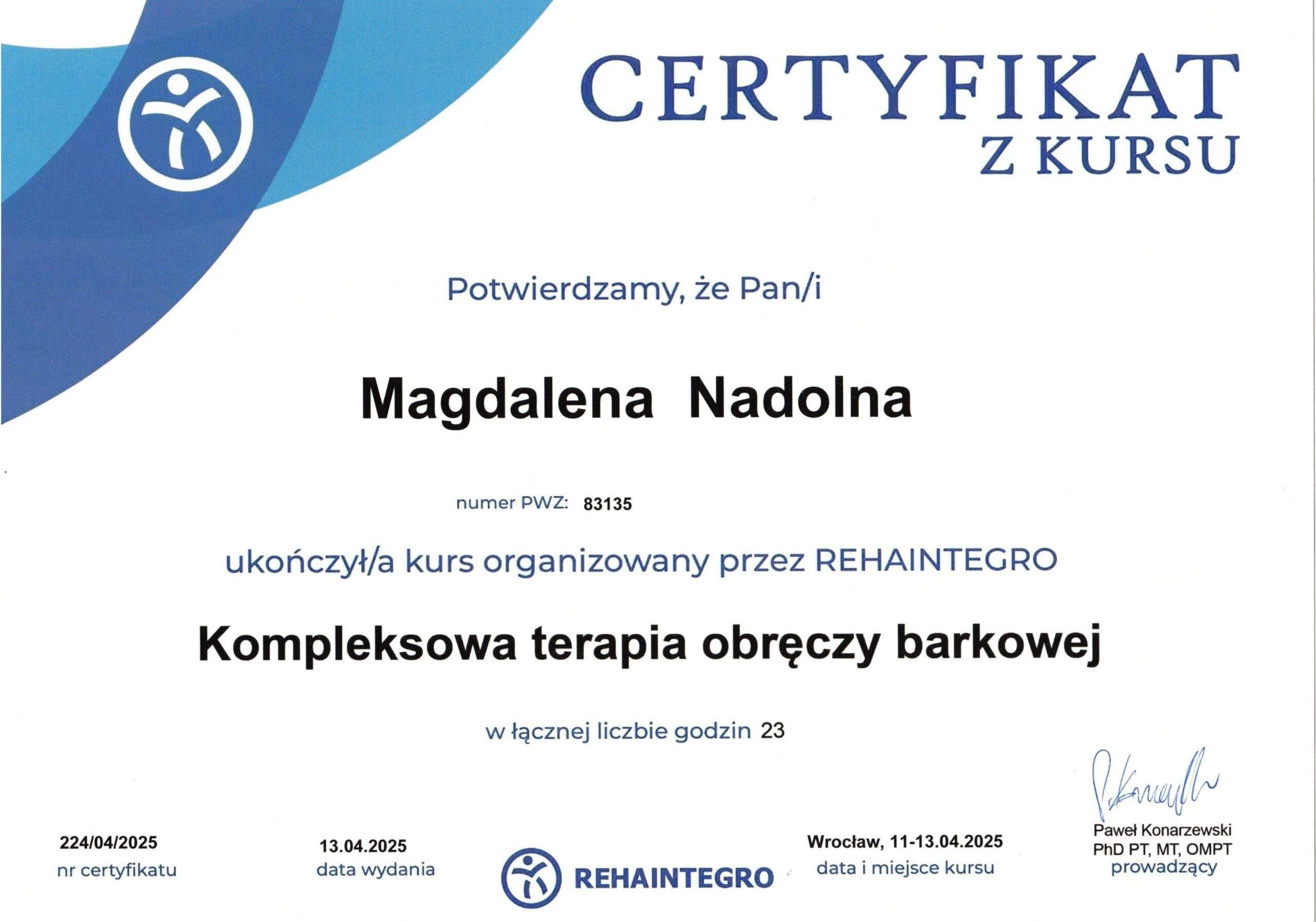 Magdalena Nadolna — certyfikat 9