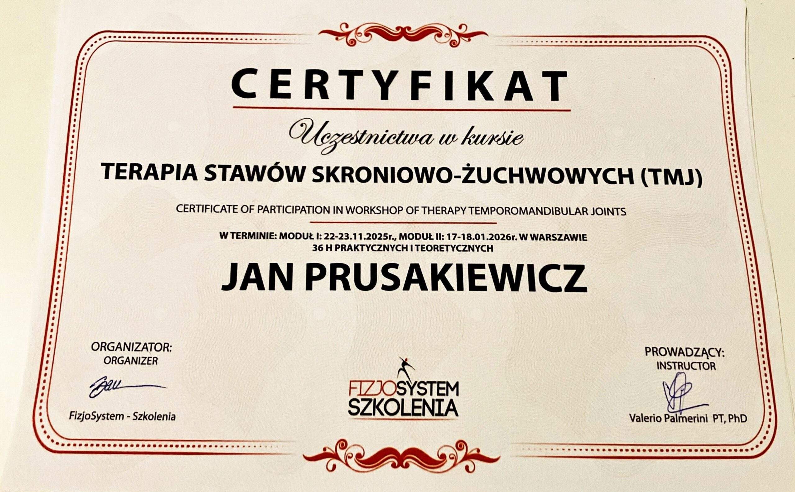 Jan Prusakiewicz — certyfikat 1