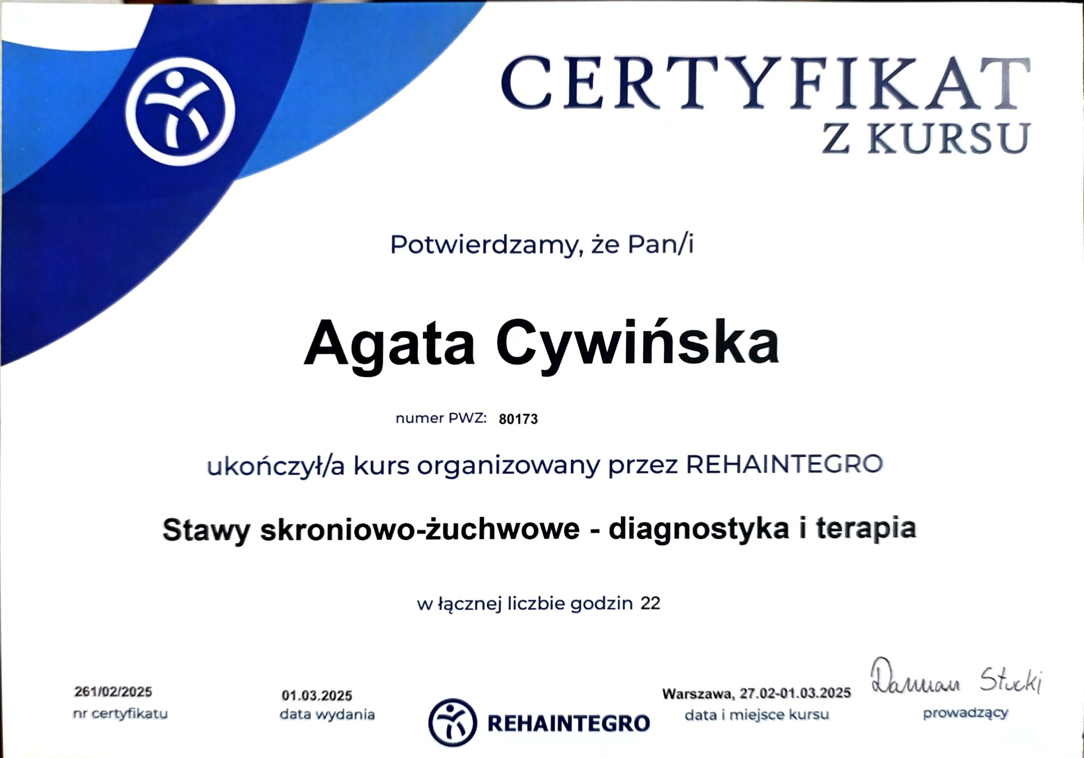 Agata Cywińska — certyfikat 2