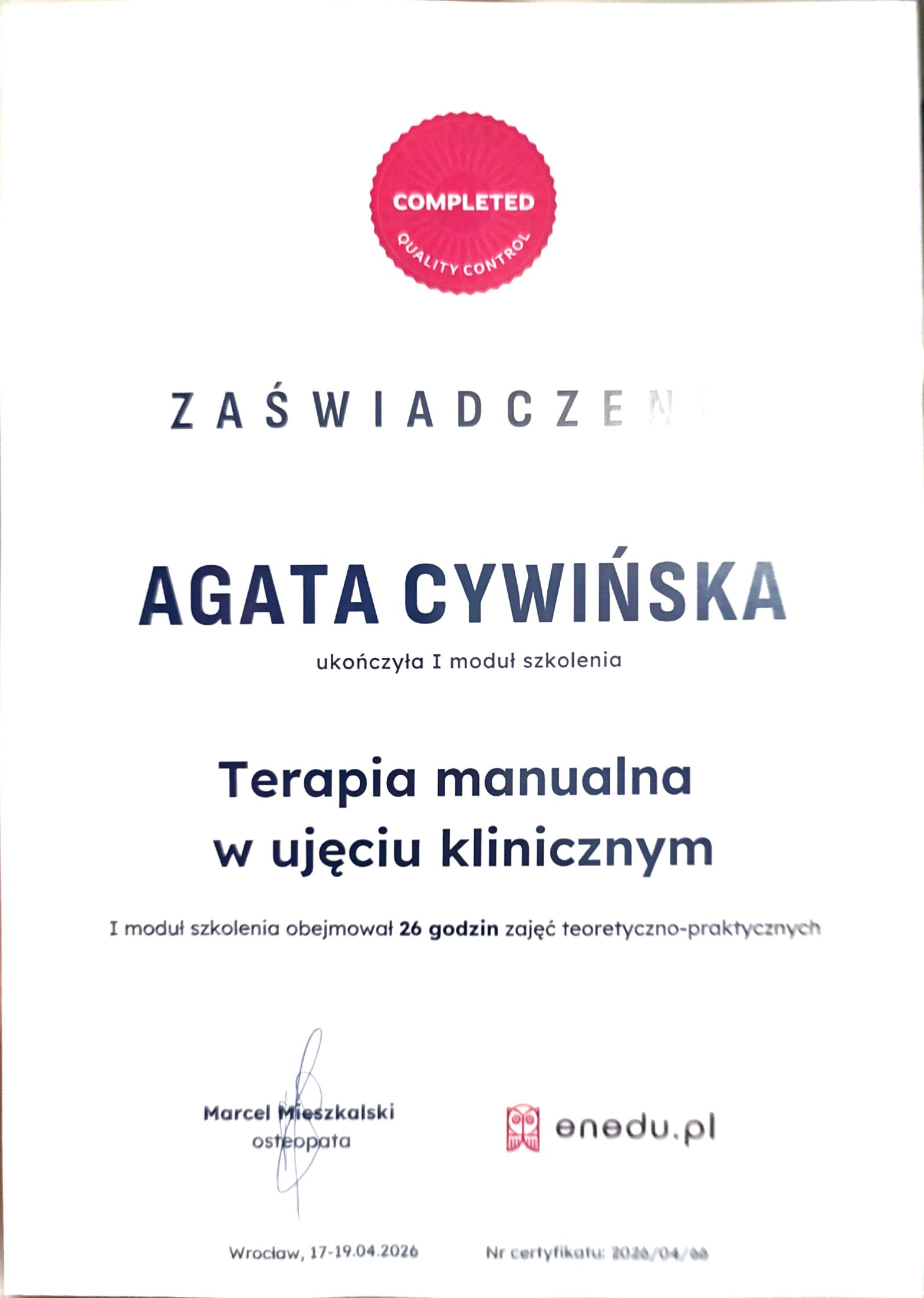 Agata Cywińska — certyfikat 3