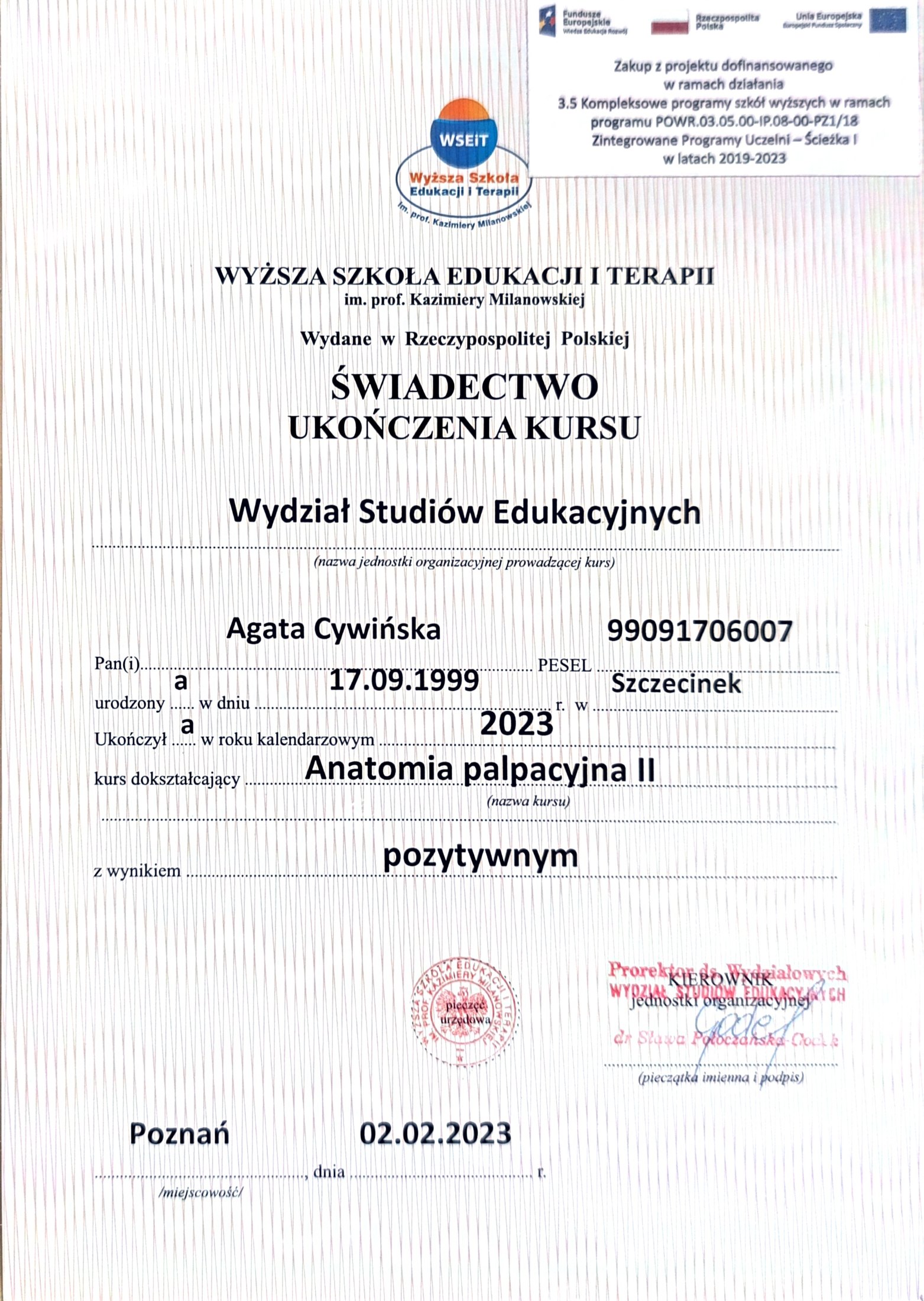 Agata Cywińska — certyfikat 9