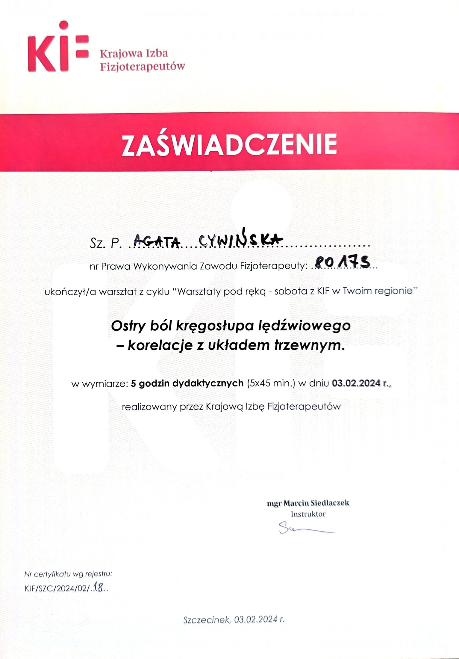 Agata Cywińska — certyfikat 10