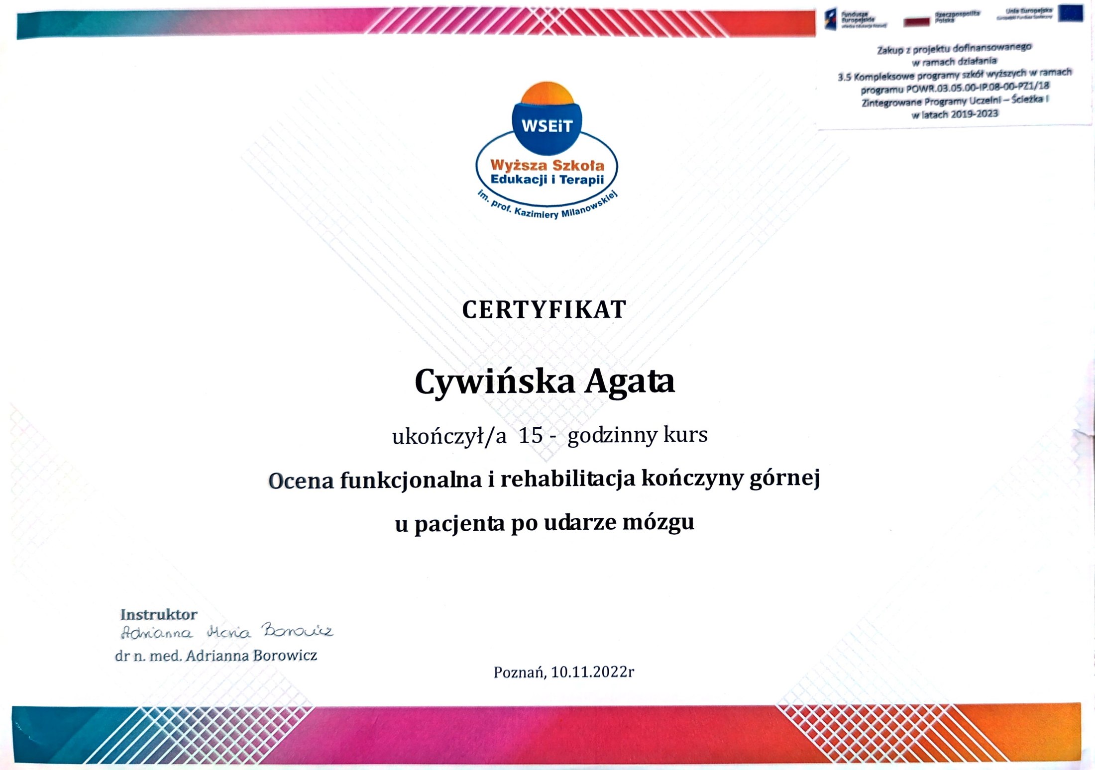 Agata Cywińska — certyfikat 11