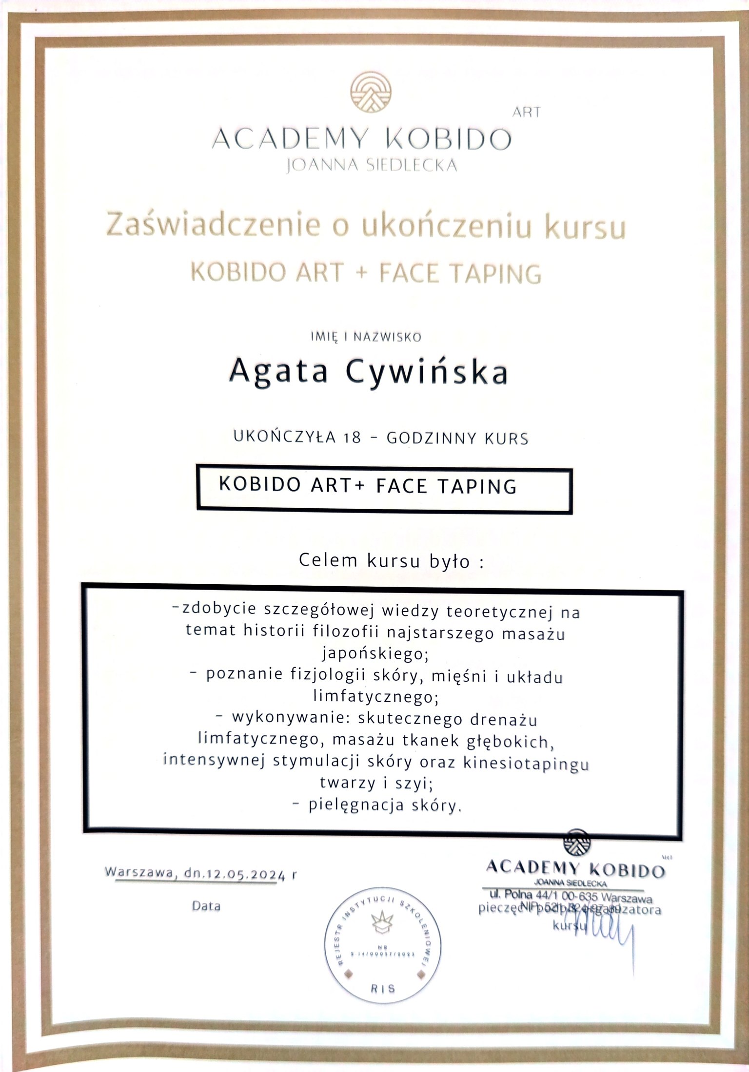 Agata Cywińska — certyfikat 12