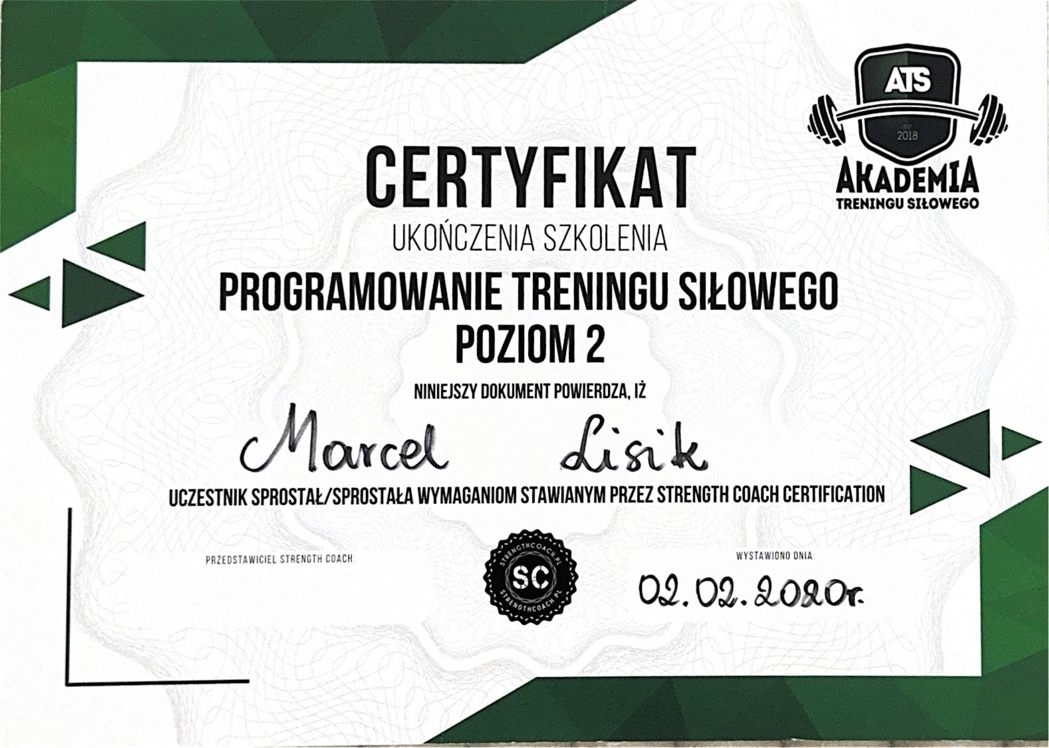 Marcel Lisik — certyfikat 2