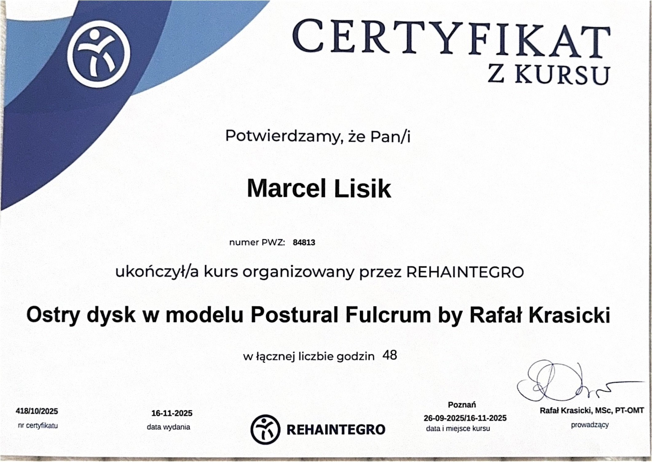 Marcel Lisik — certyfikat 5