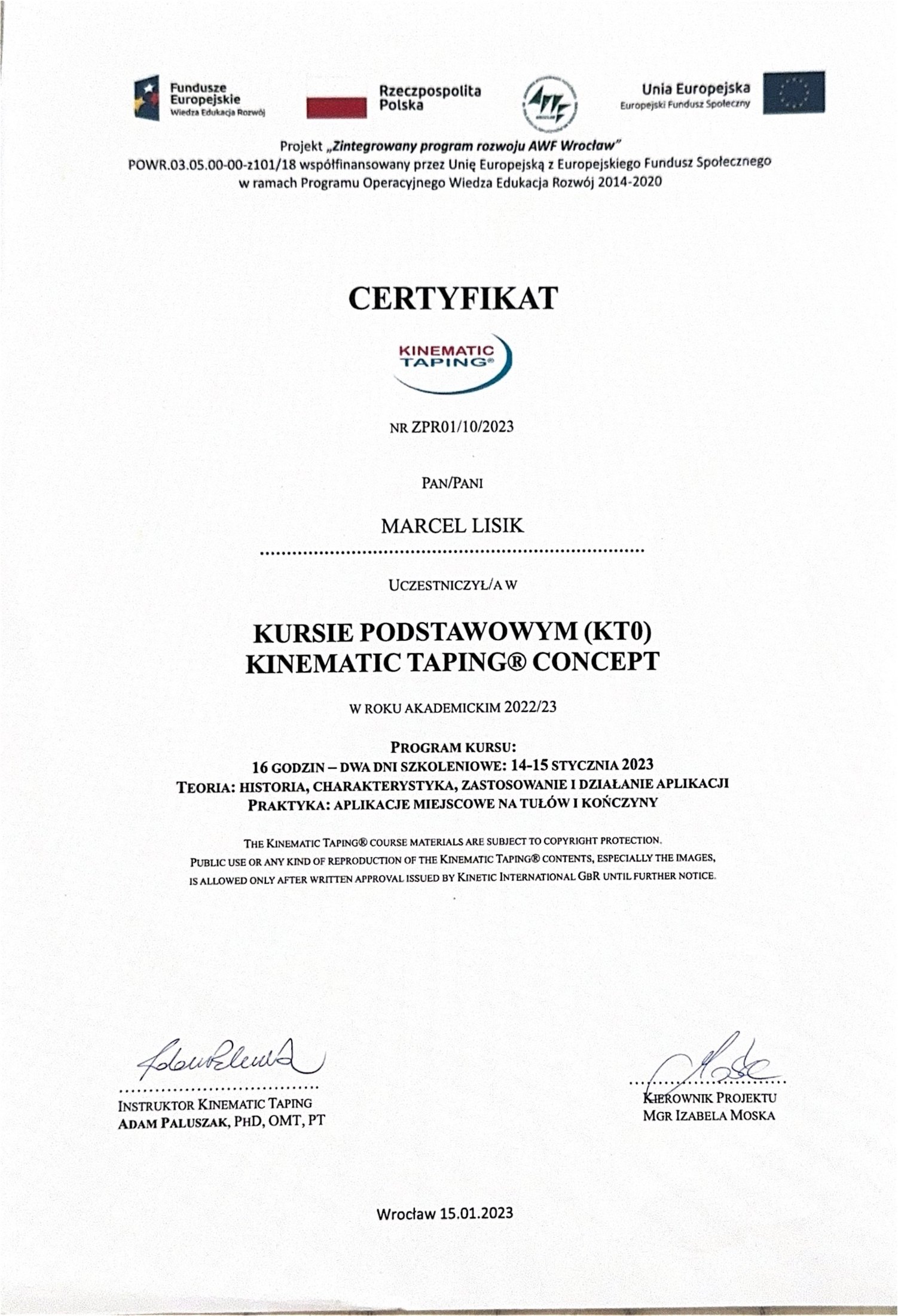 Marcel Lisik — certyfikat 9