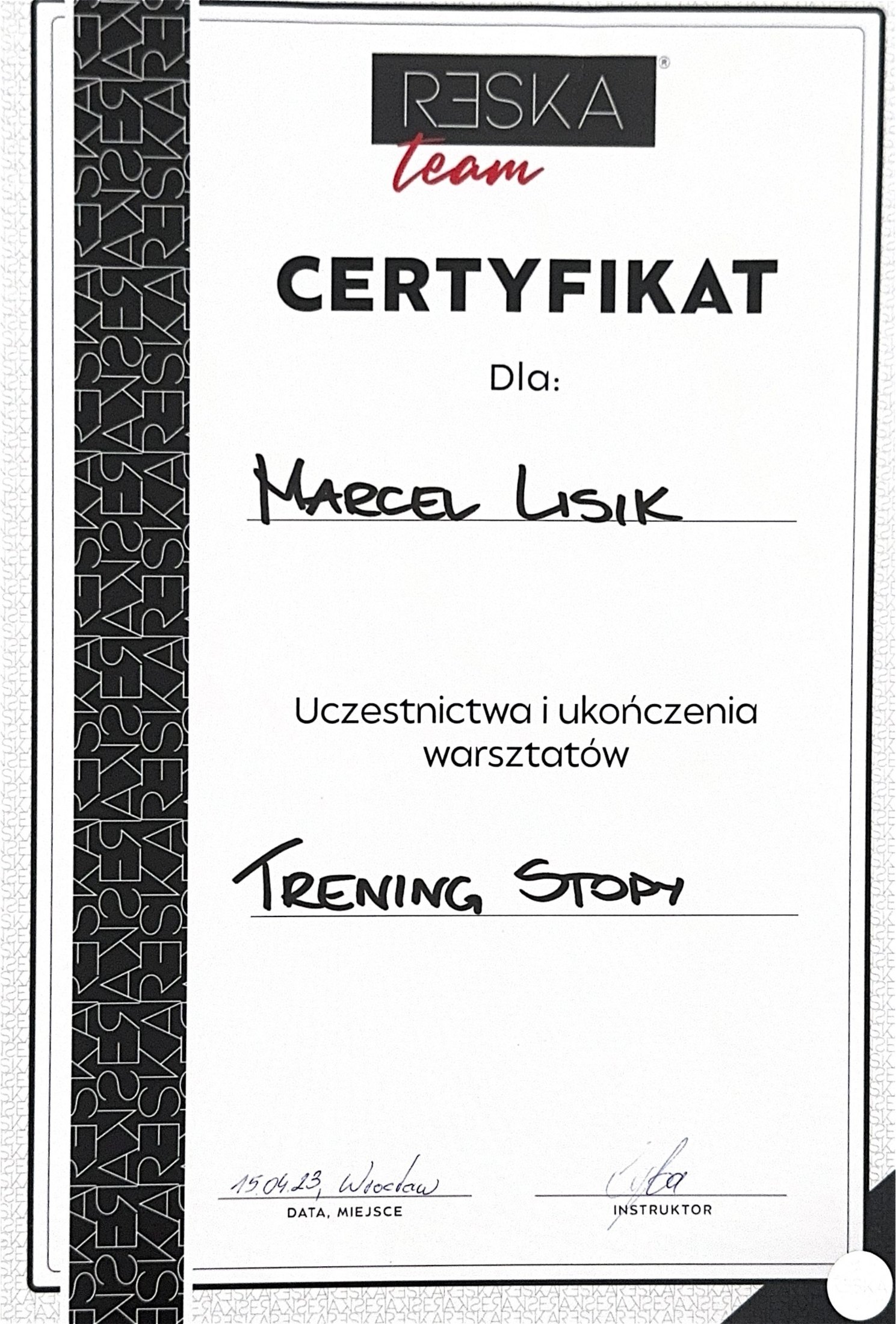 Marcel Lisik — certyfikat 12