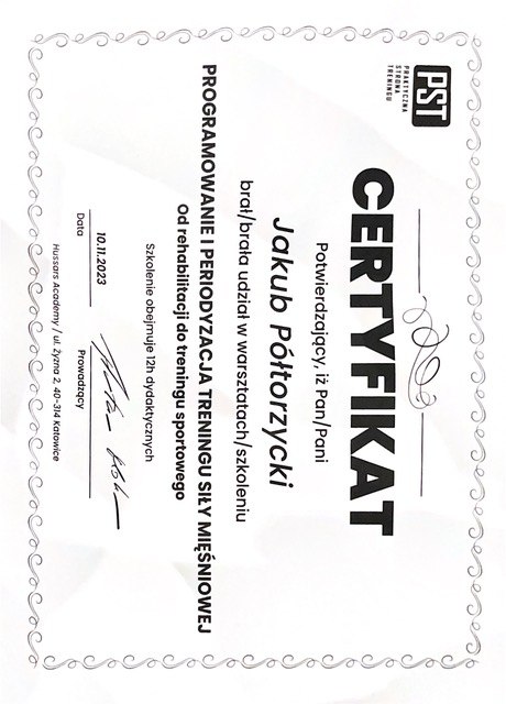 Jakub Półtorzycki — certyfikat 15